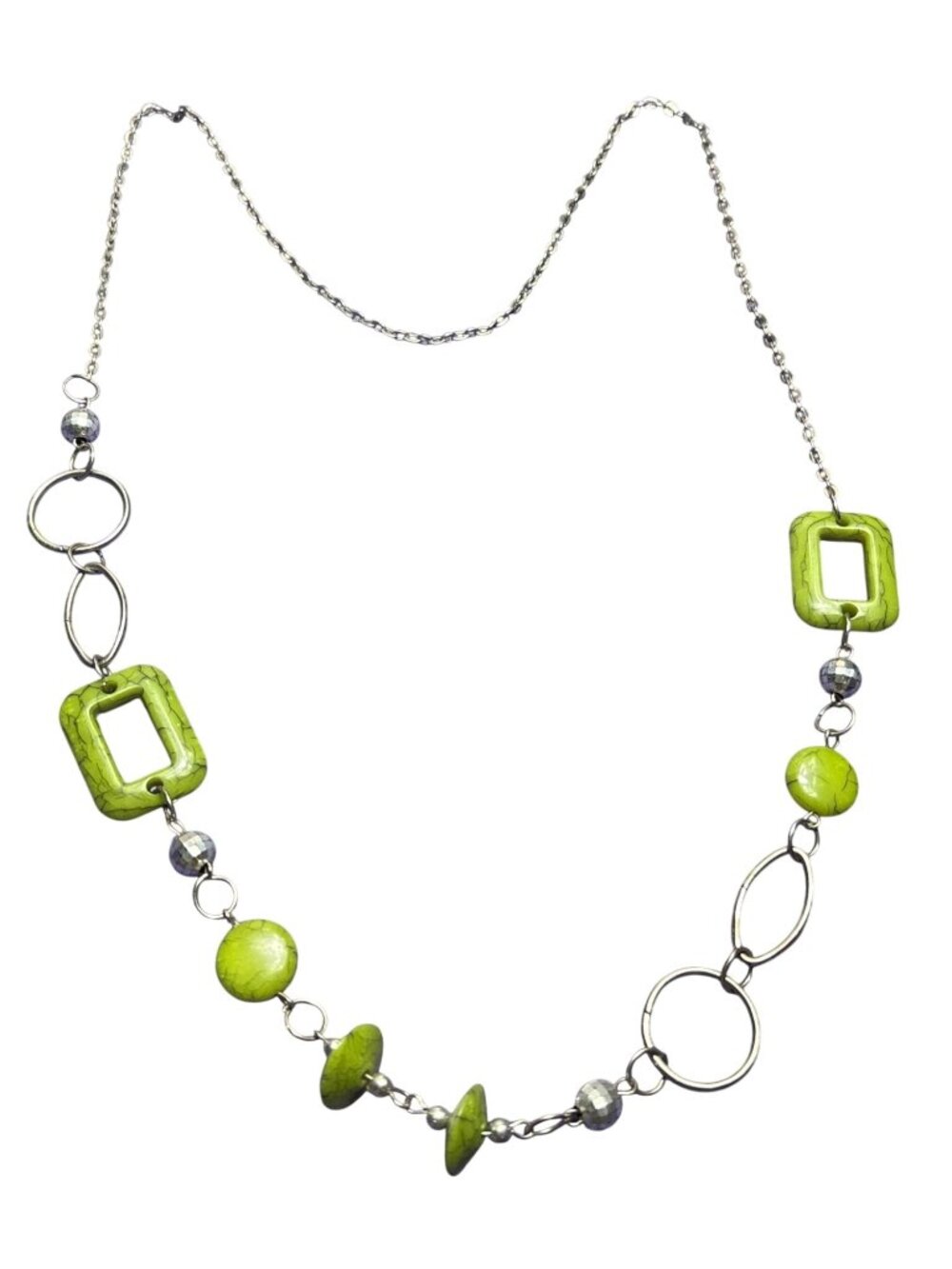 Silvertone geometric Chain Necklace Green Plastic Beads No Clasp 30 inches Long